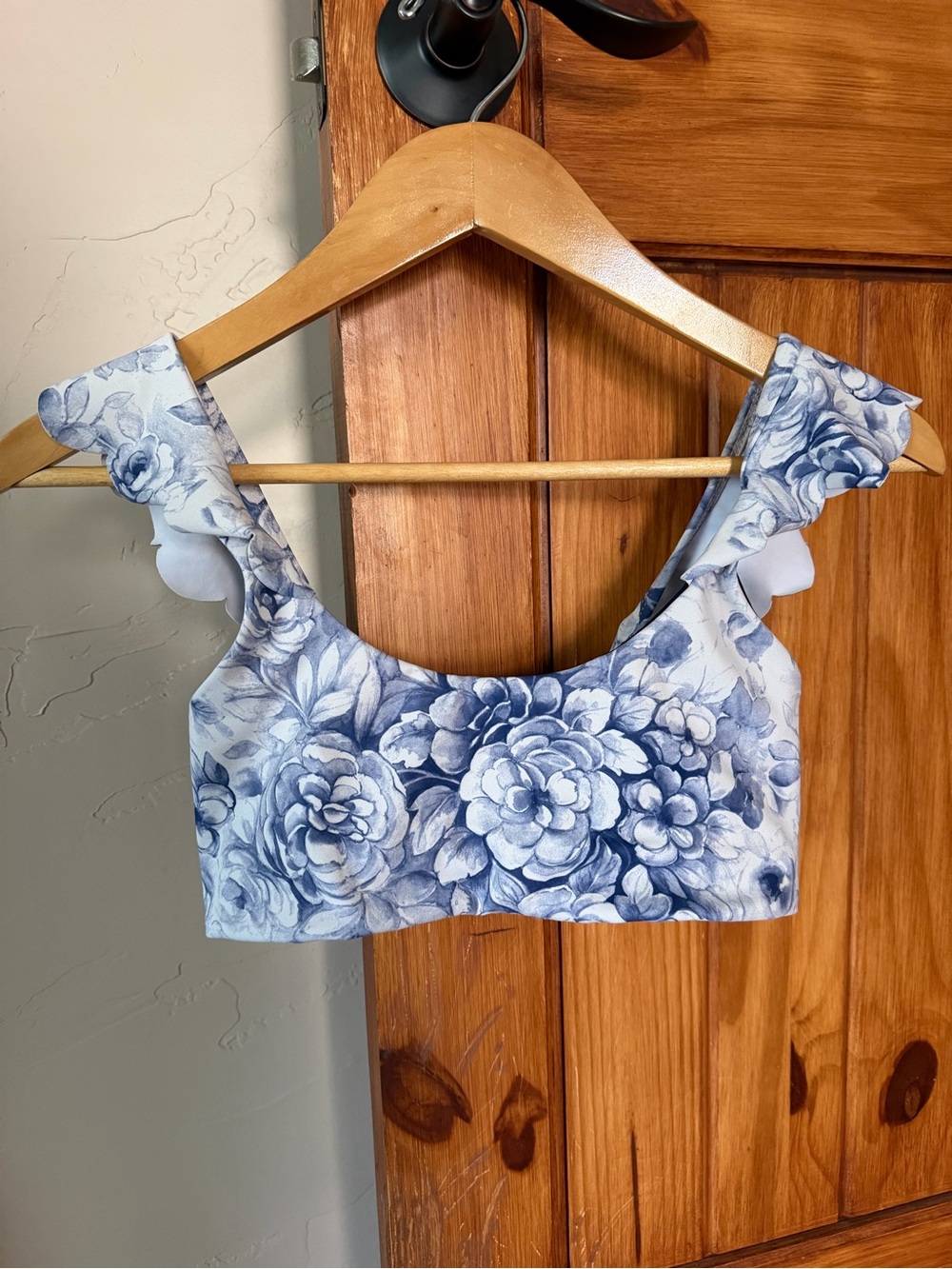 Beach Riot Sport Blue Floral Ruffle Shoulder Bikini Top - Size S